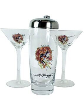 Ed Hardy Martini Shaker Set - Includes Glass Shaker And Two Martini Glasses New